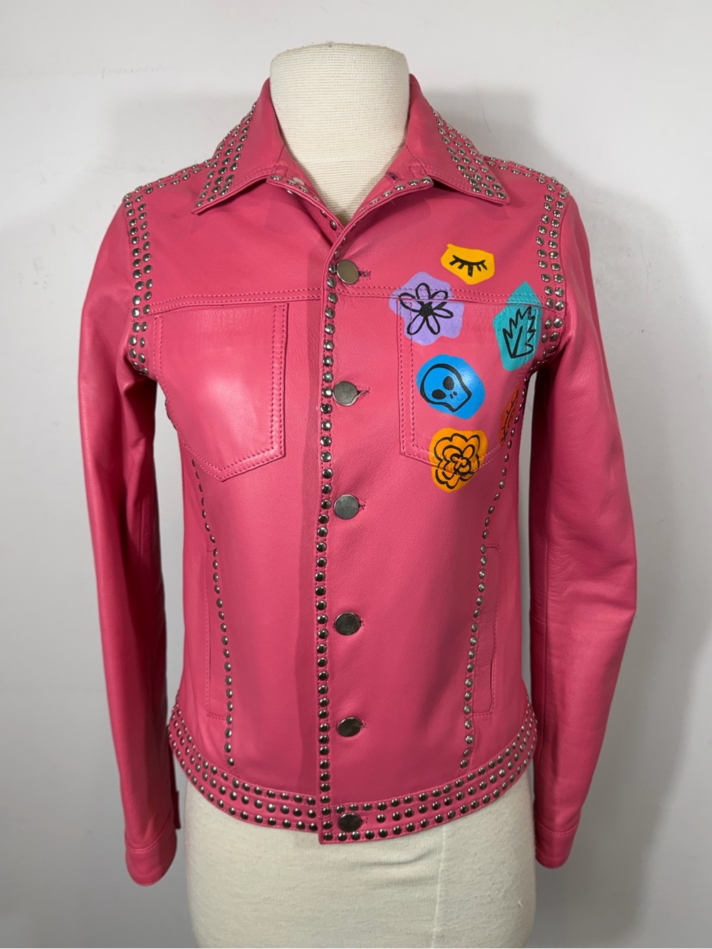 Dan Cassab Pink Studded Leather Jacket Graphic Floral Skull Size S